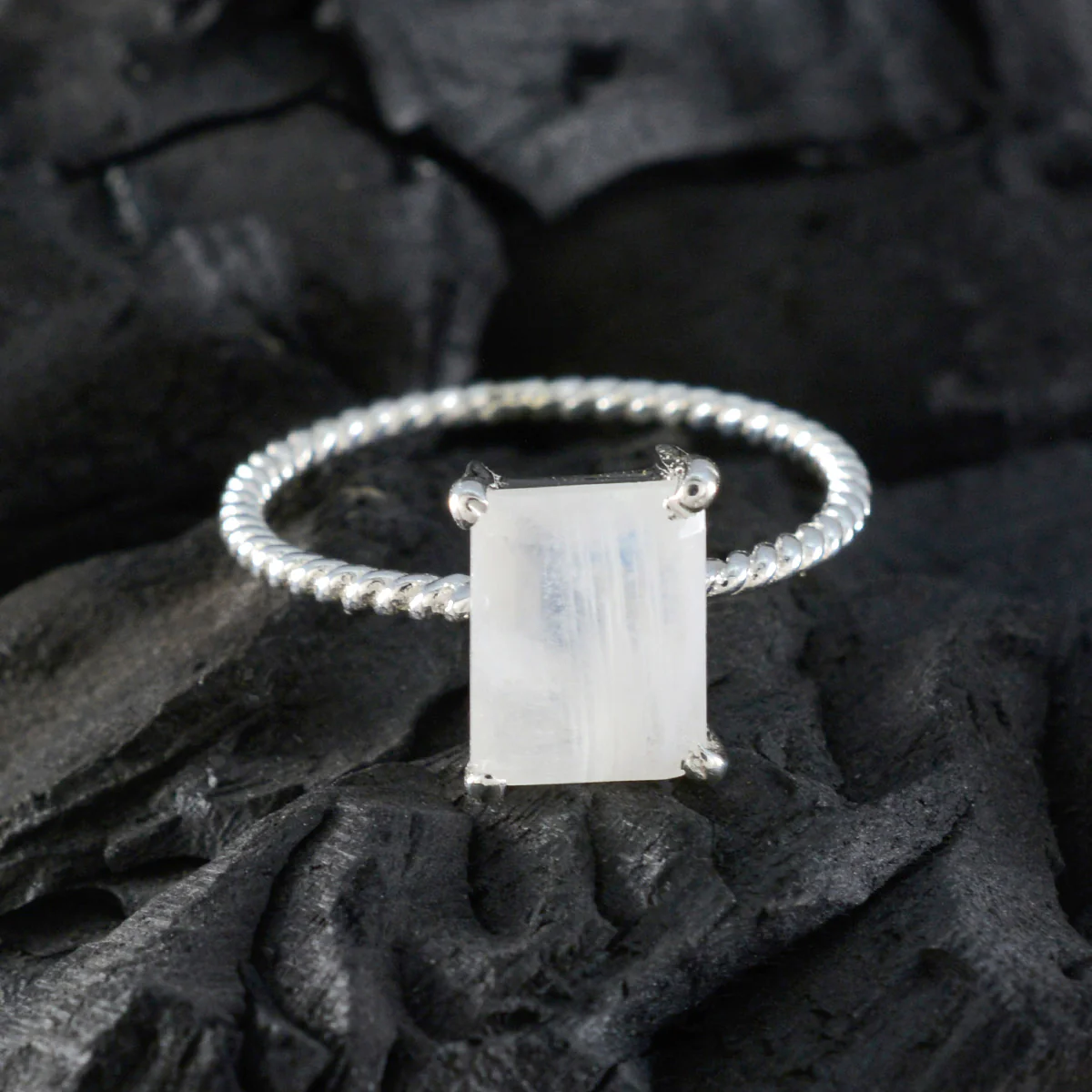 Rainbow Moonstone Solitaire Japanese Sterling Silver White Gemstone Delicate Twist Ring Jewelry - Image 4