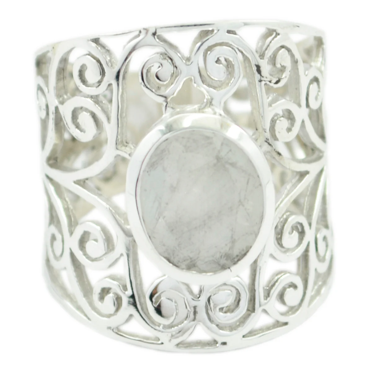 Rainbow Moonstone Solitaire Mexican 92.5 Silver White Gemstone Eye-catching Filigree Ring Jewellery