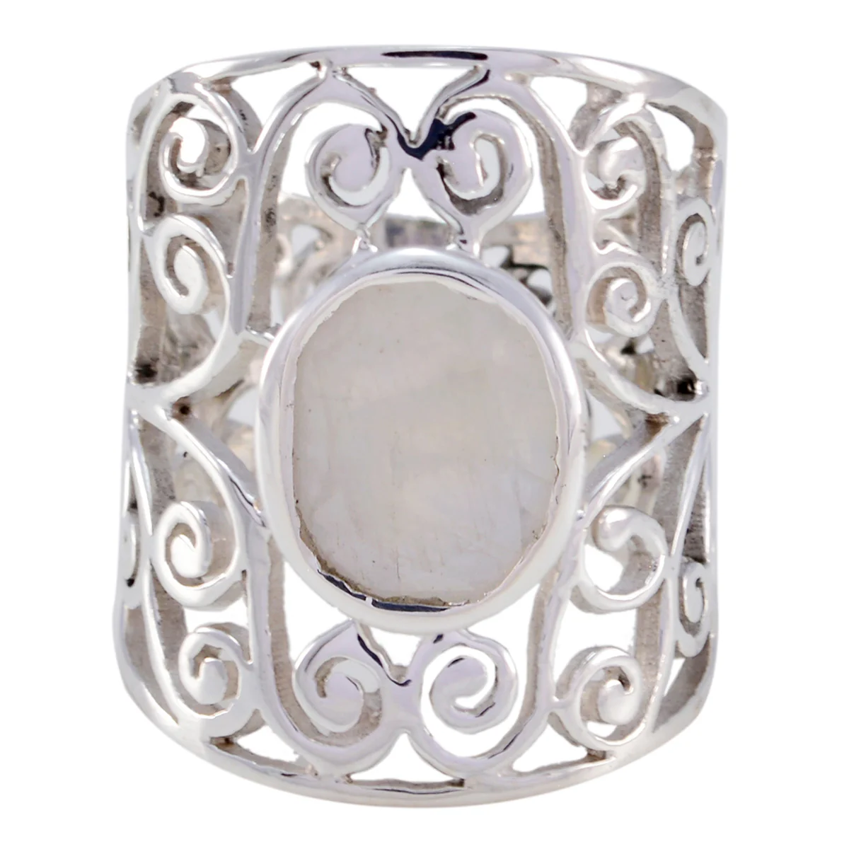 Rainbow Moonstone Solitaire Mexican 92.5 Silver White Gemstone Eye-catching Filigree Ring Jewellery - Image 3