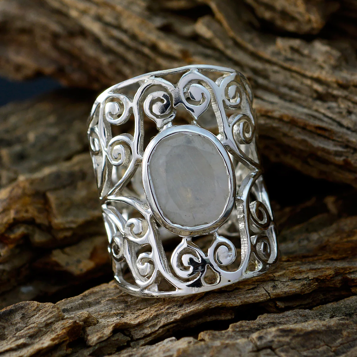 Rainbow Moonstone Solitaire Mexican 92.5 Silver White Gemstone Eye-catching Filigree Ring Jewellery - Image 4