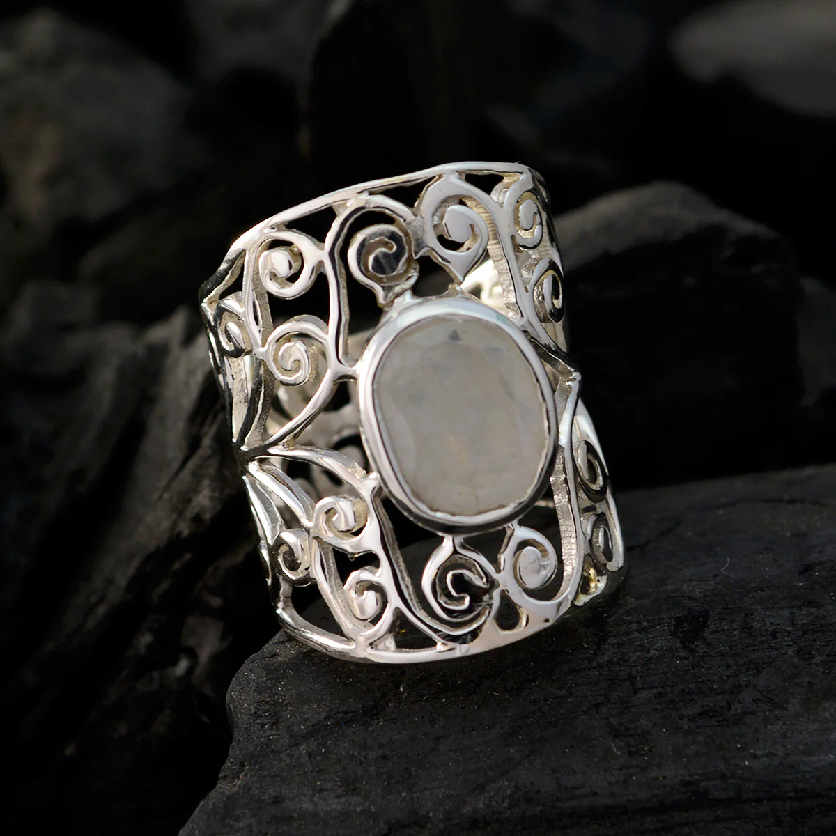 Rainbow Moonstone Solitaire Mexican 92.5 Silver White Gemstone Eye-catching Filigree Ring Jewellery - Image 5
