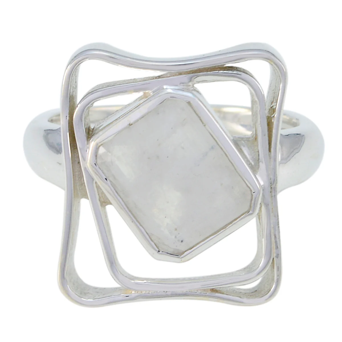 Rainbow Moonstone Solitaire Russian 925 Sterling Silver White Gemstone Mid-weight Signet Ring Jewelry