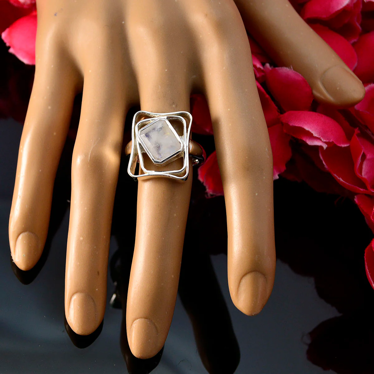Rainbow Moonstone Solitaire Russian 925 Sterling Silver White Gemstone Mid-weight Signet Ring Jewelry - Image 5