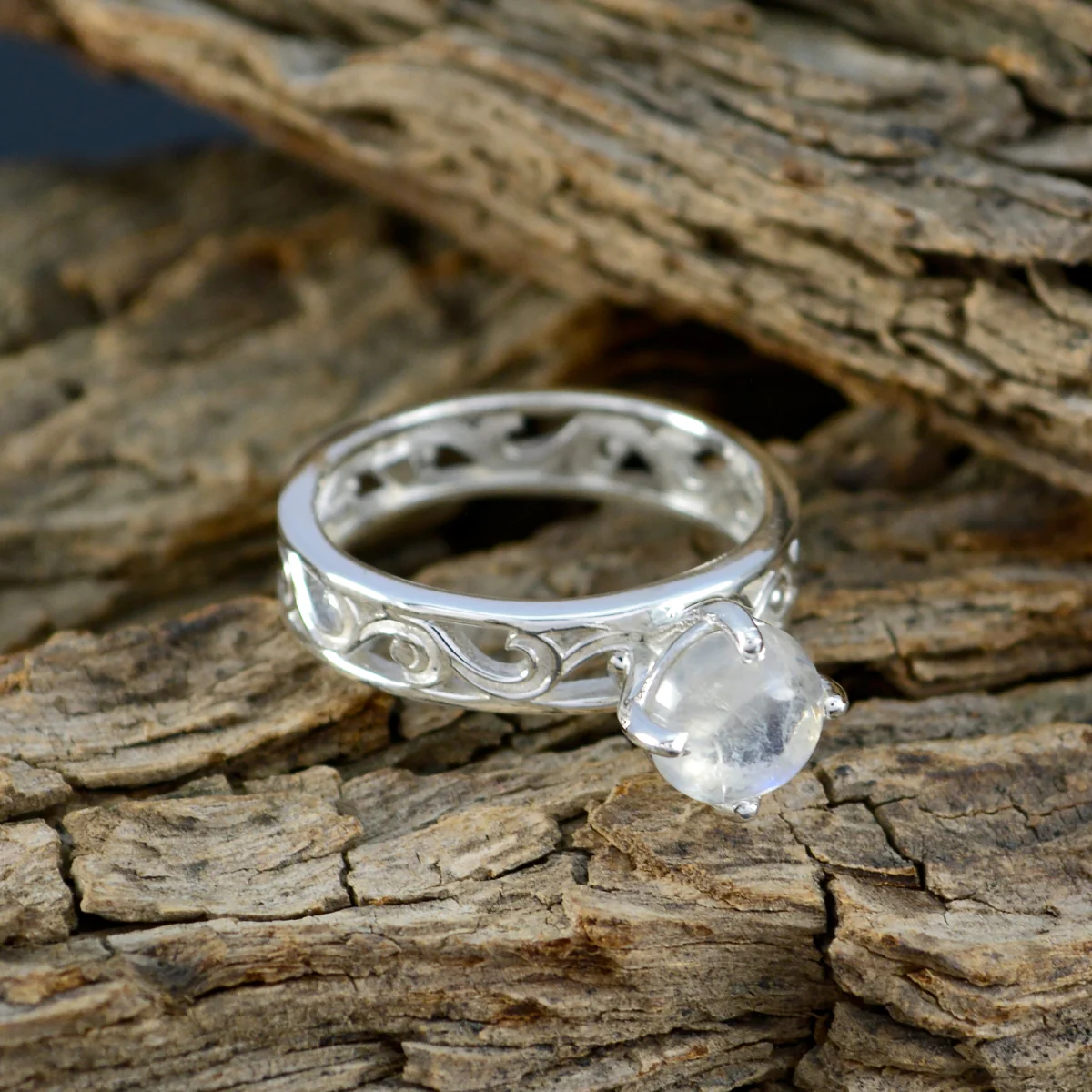 Rainbow Moonstone Solitaire Spanish 92.5 Silver White Gems Slim Filigree Ring Jewelry - Image 3