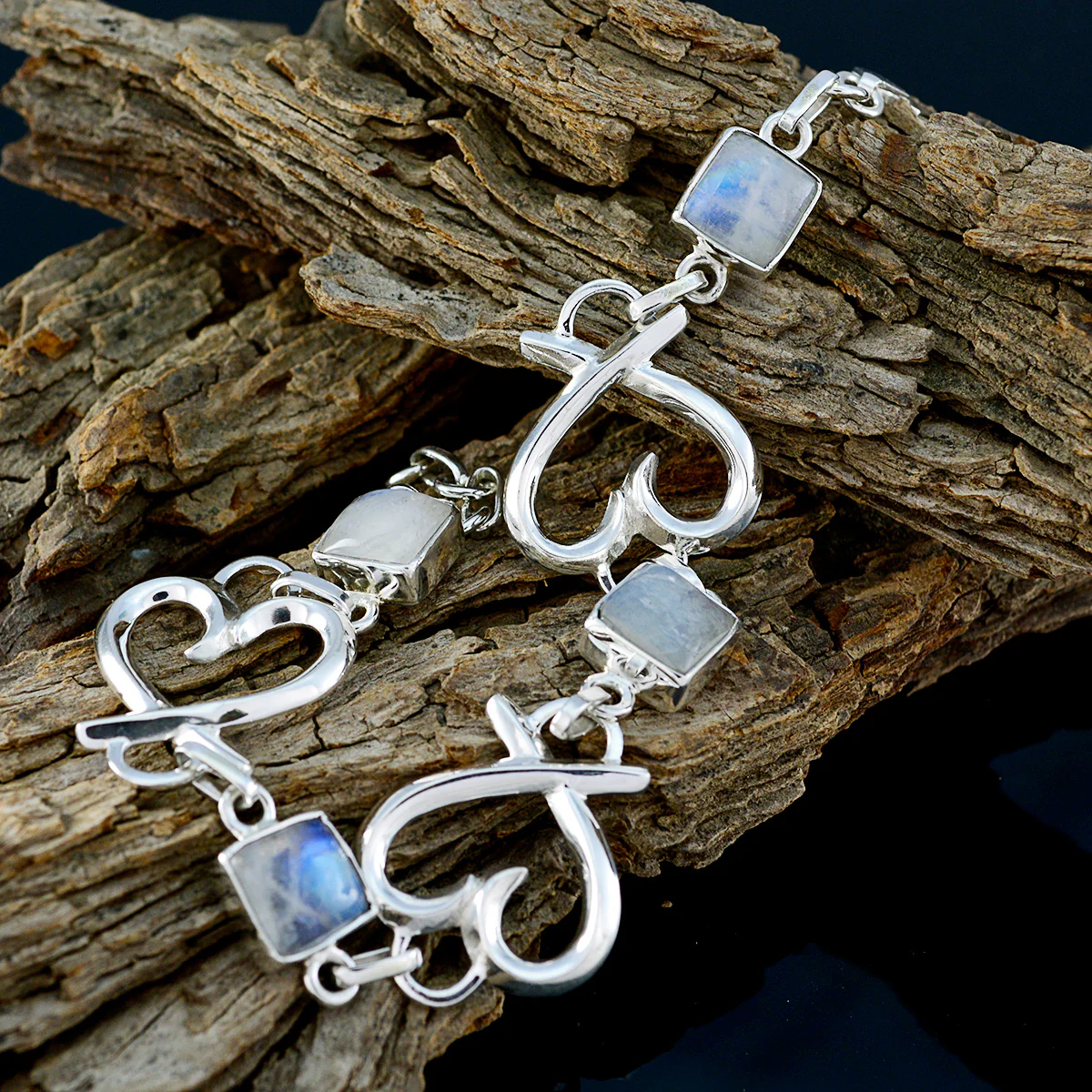 Rainbow Moonstone St. Patrick's Day Featherlight White Sterling Silver Links Bracelet - Image 2
