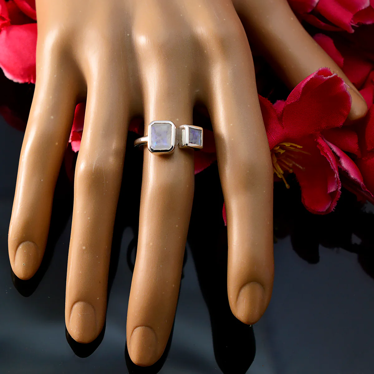 Rainbow Moonstone Toi et Moi Egyptian 925 Silver White Gemstone Featherlight Trendy Ring Jewelry - Image 5