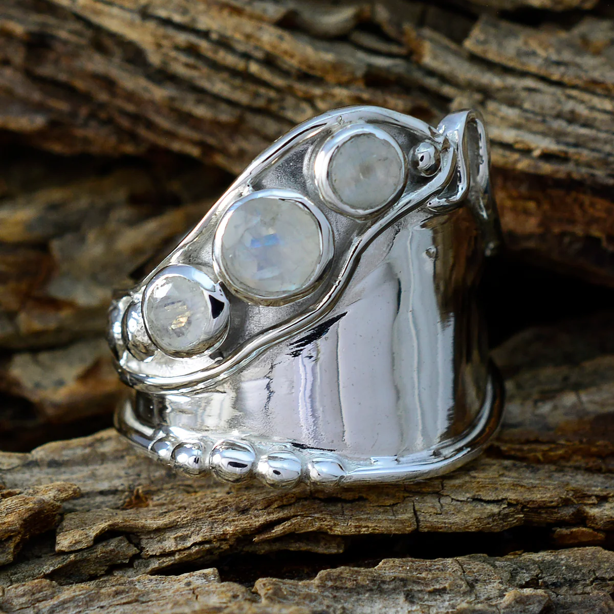 Rainbow Moonstone Trilogy German 925 Sterling Silver White Gemstones Essential Trendy Ring Jewelry - Image 3