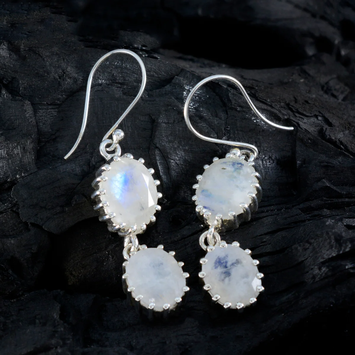 Rainbow Moonstone Turkish Leah Toi et Moi Dangle White 925 Silver Earring - Image 2