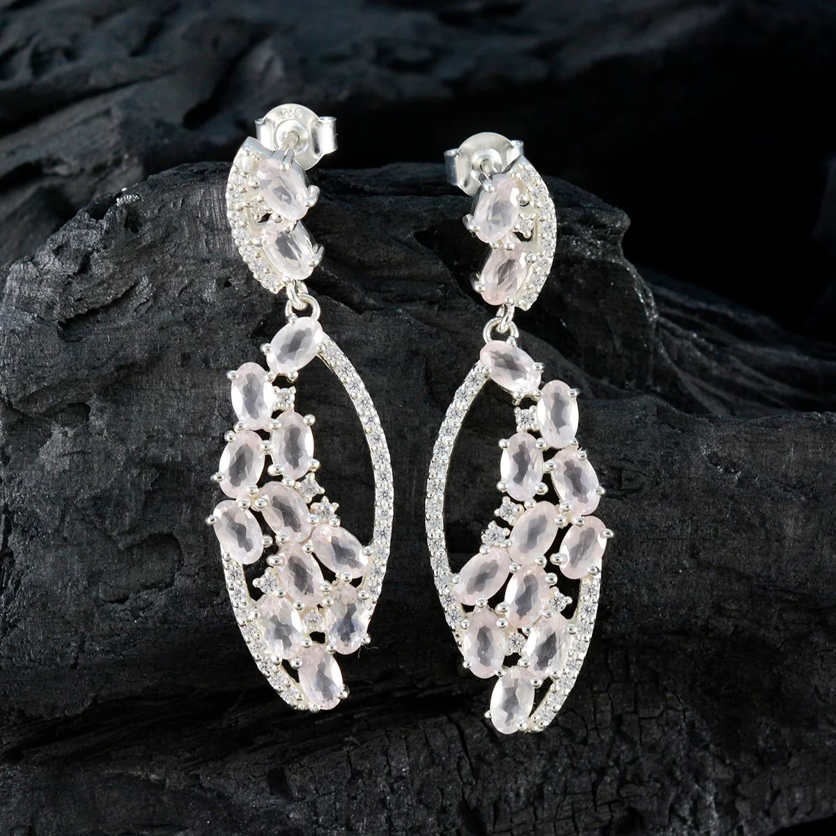 Rose Quartz American Aiko multiple Stud Pink 925 Silver Earring - Image 3