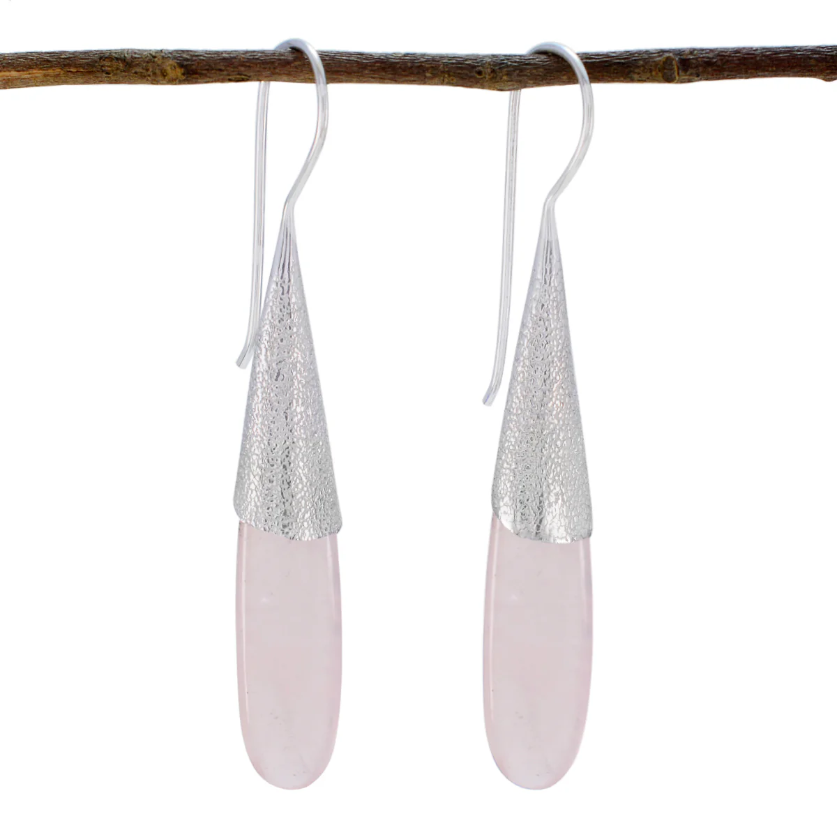 Rose Quartz Mexican Sakura Solitaire Dangle Pink 925 Sterling Silver Earring