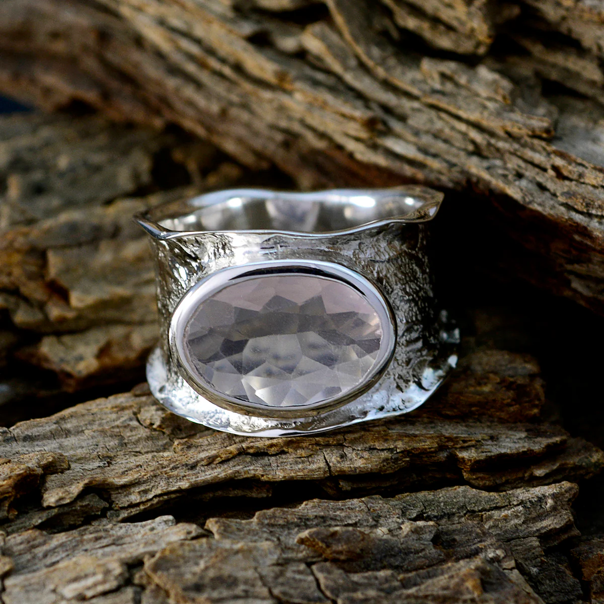 Rose Quartz Solitaire German Sterling Silver Pink Gemstone Edgy Oversized Band Jewellery - Image 2