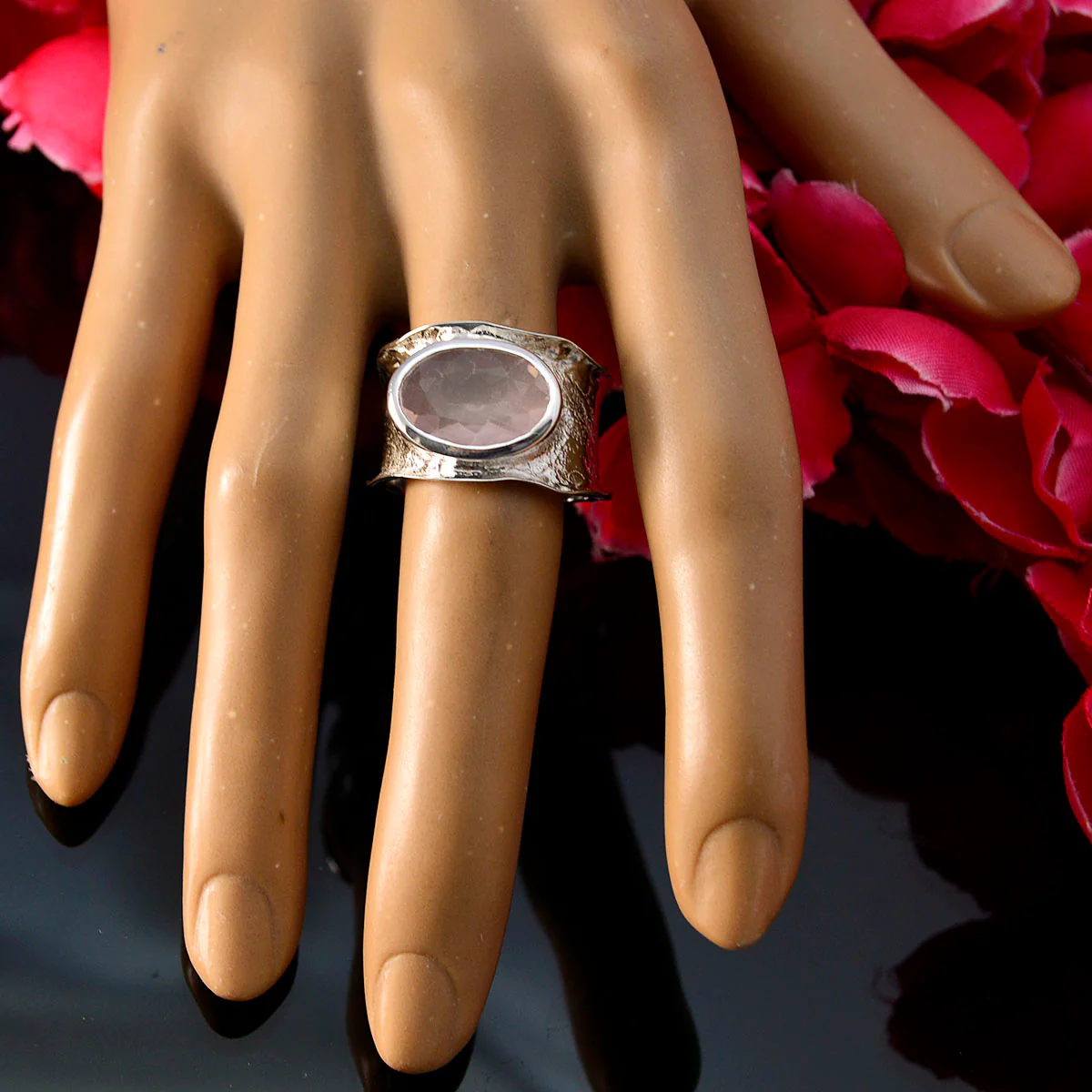 Rose Quartz Solitaire German Sterling Silver Pink Gemstone Edgy Oversized Band Jewellery - Image 4