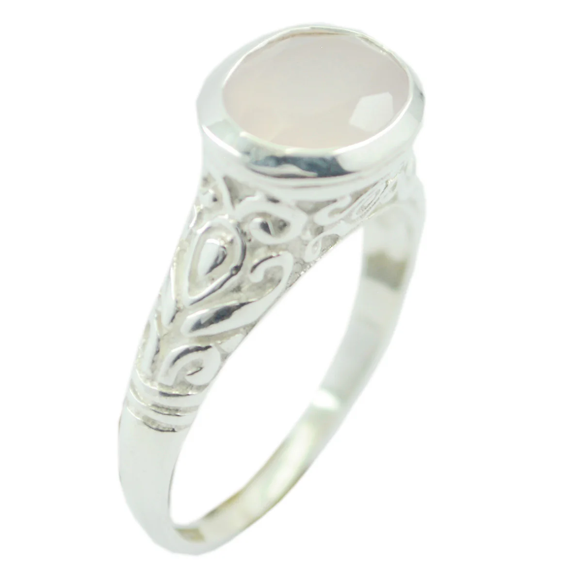 Rose Quartz Solitaire Indian Silver Pink Gemstone Minimal Art Deco Ring Jewelry