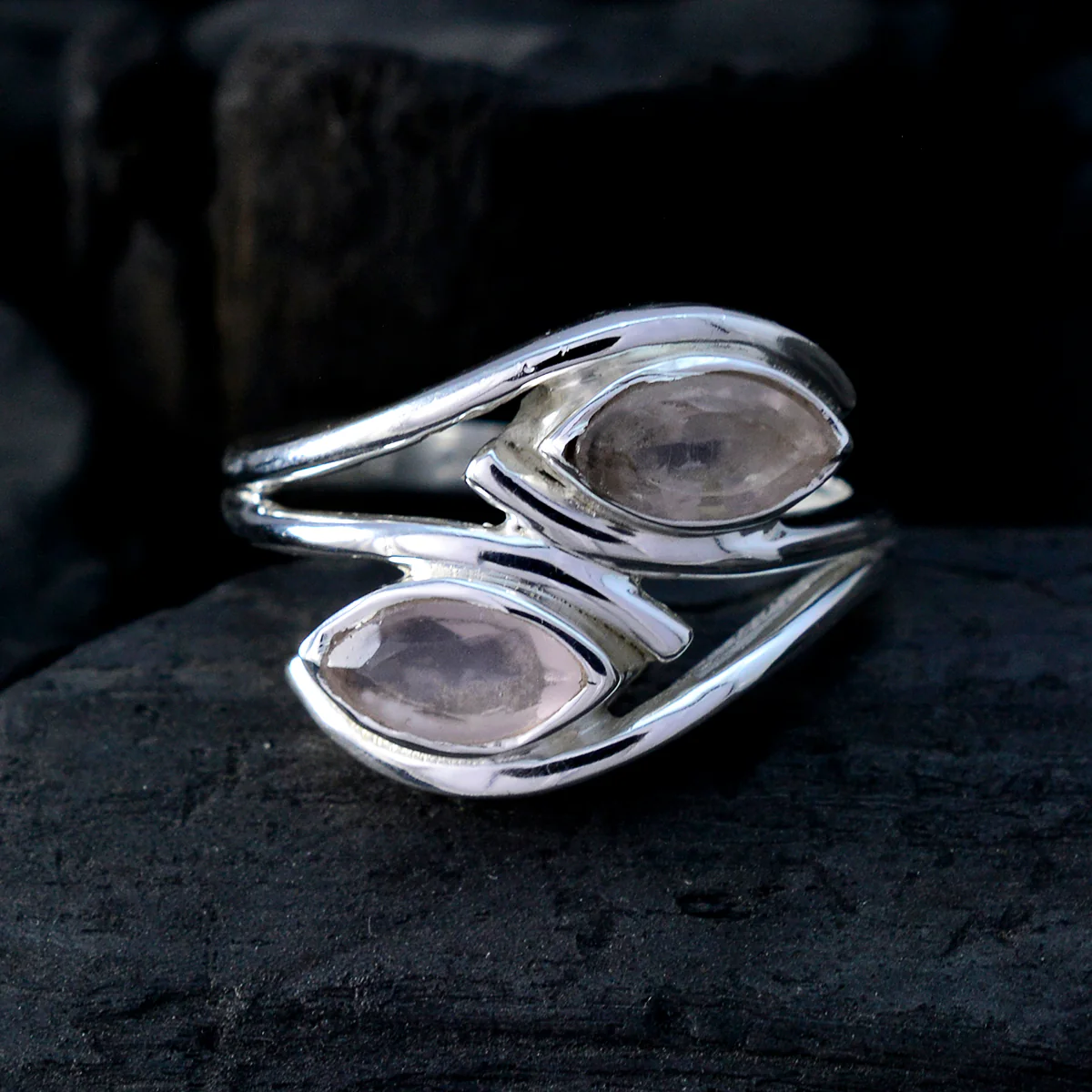 Rose Quartz Toi et Moi Indian Silver Pink Gemstone Slim Trendy Ring Jewellery - Image 4