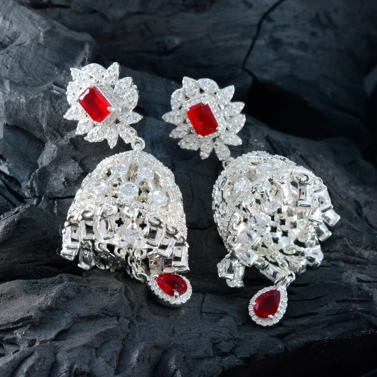Ruby CZ Indian Araya multiple Stud Red 925 Sterling Silver Earring - Image 3