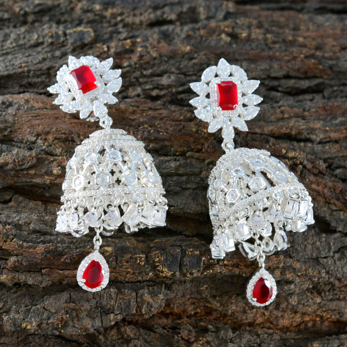 Ruby CZ Indian Araya multiple Stud Red 925 Sterling Silver Earring - Image 4