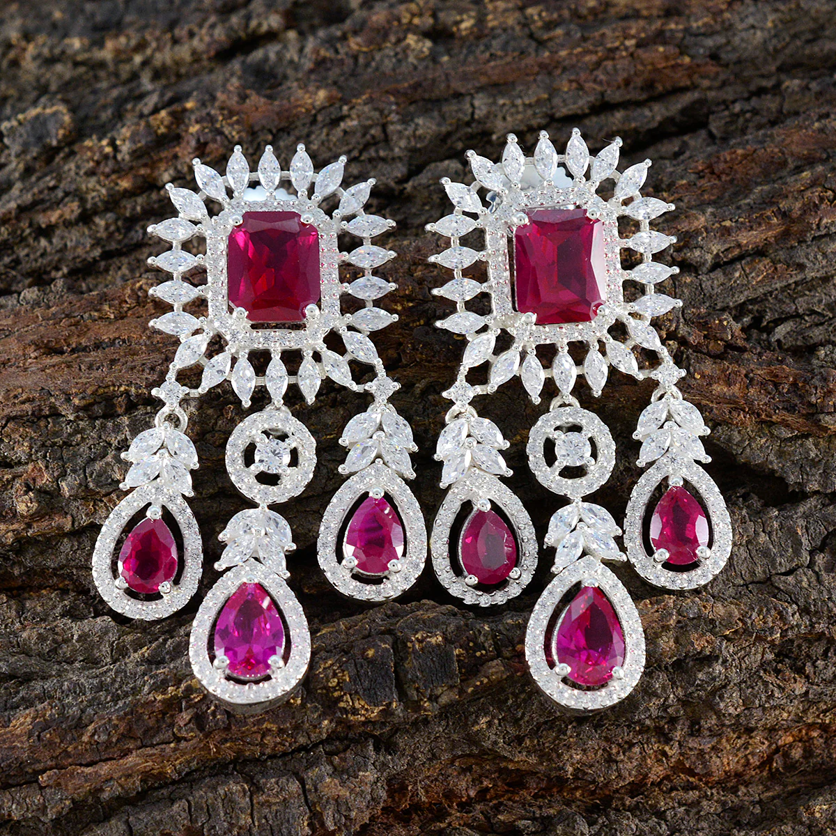Ruby CZ Indian Ayesha multiple Stud Red Silver Earring - Image 4