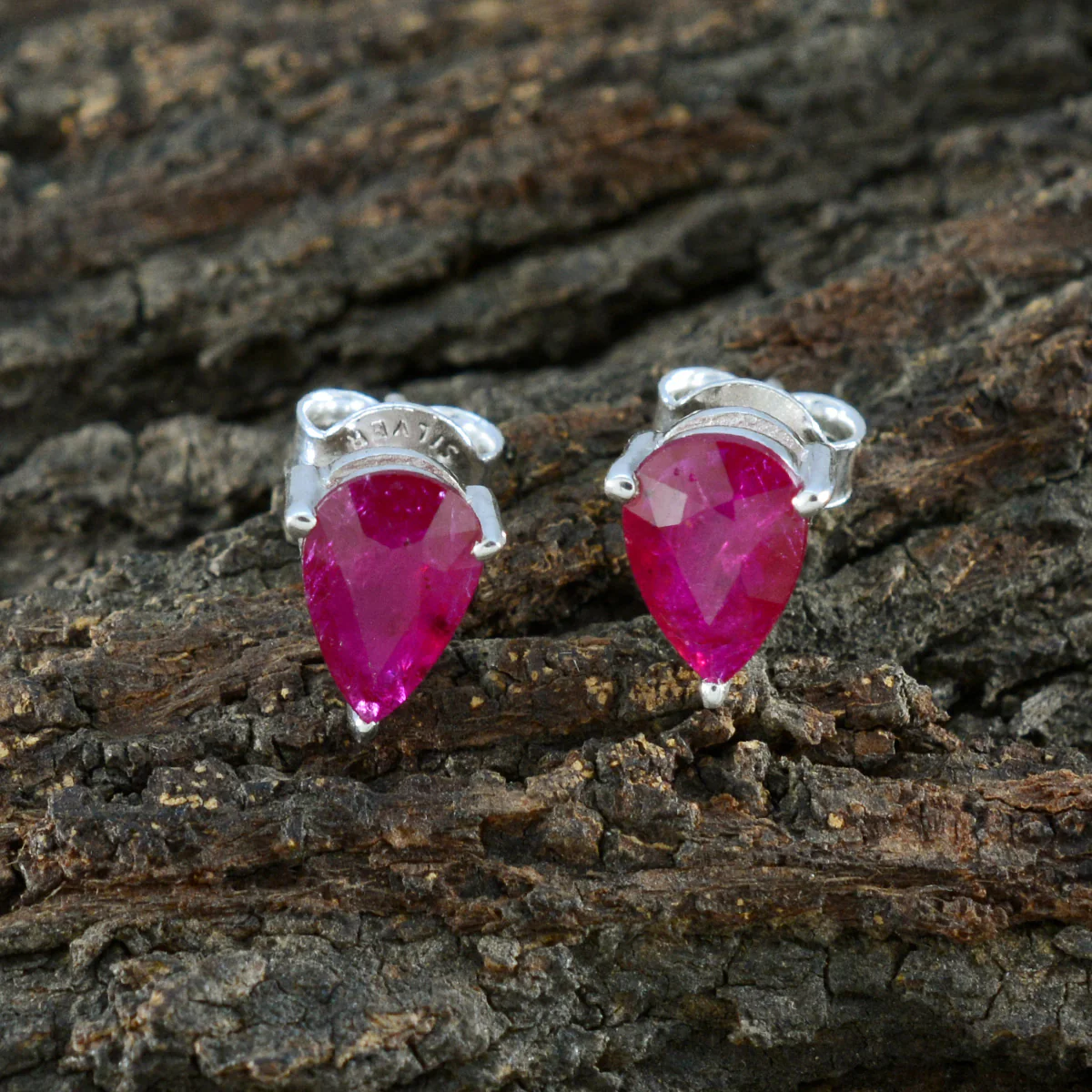 Ruby French Sakura Solitaire Stud Red Silver Earring - Image 3