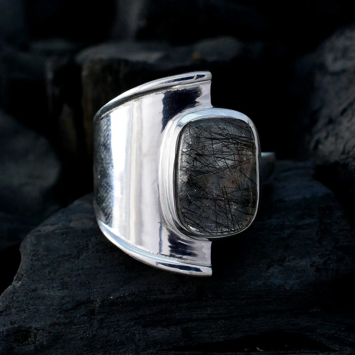 Rutile Quartz Solitaire French 925 Sterling Silver Black Gems Essential  Contemporary Ring Jewelry - Image 4