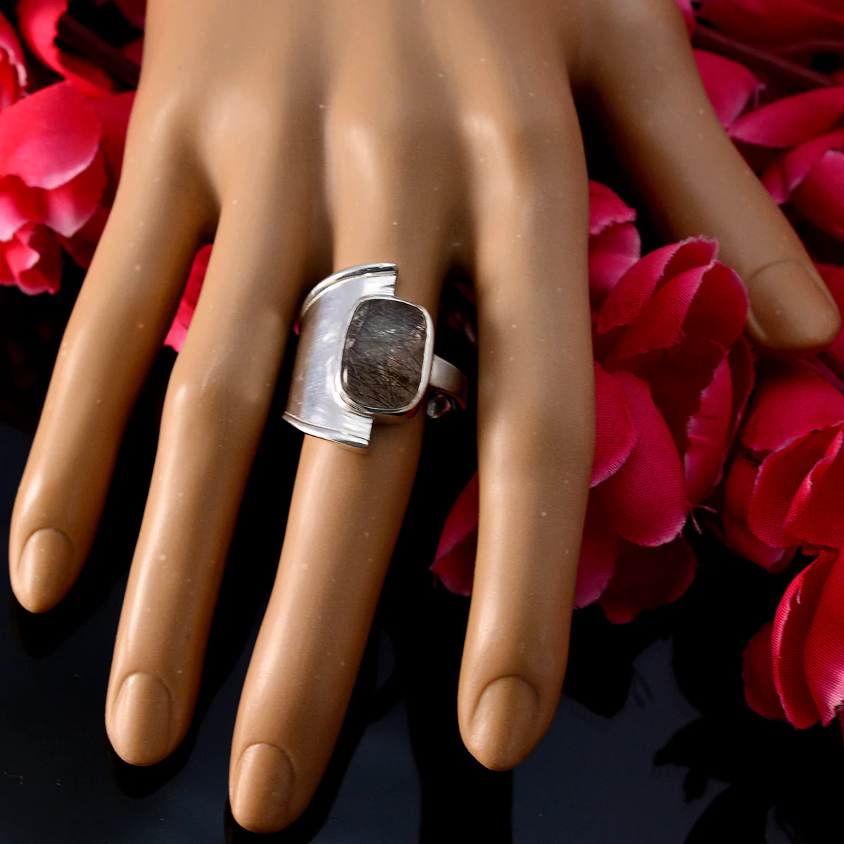 Rutile Quartz Solitaire French 925 Sterling Silver Black Gems Essential  Contemporary Ring Jewelry - Image 5