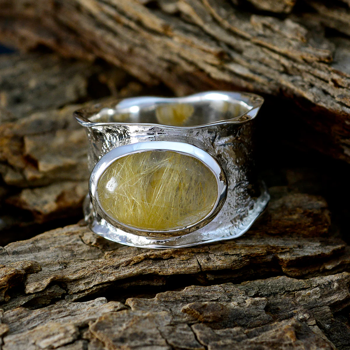 Rutile Quartz Solitaire German 925 Silver Yellow Gemstones Edgy Oversized Band Jewelry - Image 3