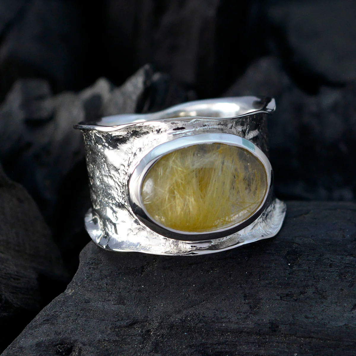 Rutile Quartz Solitaire German 925 Silver Yellow Gemstones Edgy Oversized Band Jewelry - Image 4