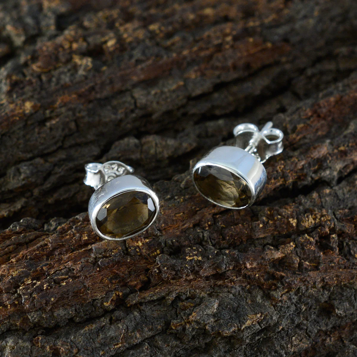 Smoky Quartz Egyptian Camila Solitaire Stud Brown 925 Silver Earring - Image 4