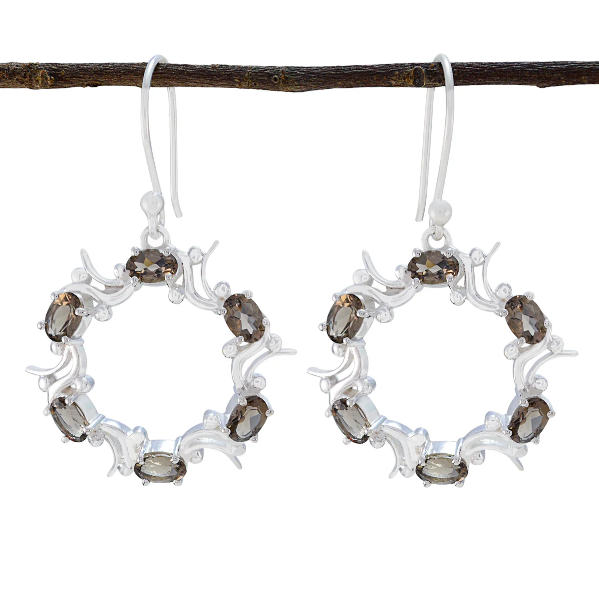 Smoky Quartz German Milagros multiple Dangle Brown 92.5 Silver Earring
