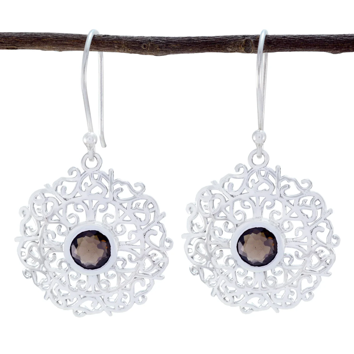 Smoky Quartz German Nella Solitaire Dangle Brown Silver Earring