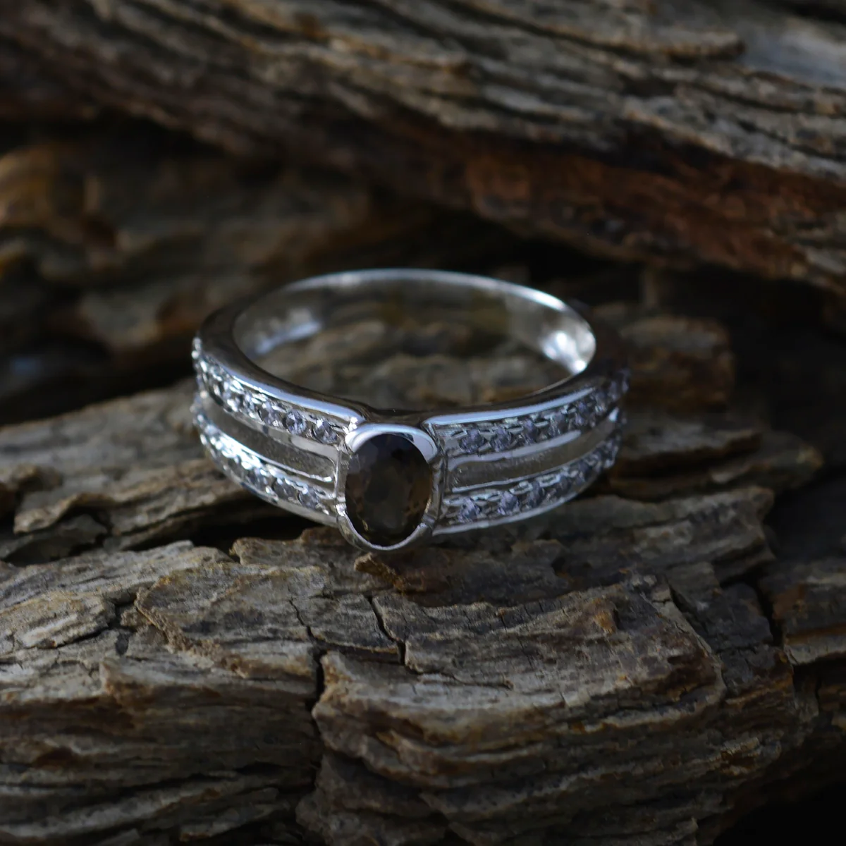 smoky quartz Halo American 92.5 Silver Brown Gemstone Whisper-thin Boho Ring Jewelry - Image 4