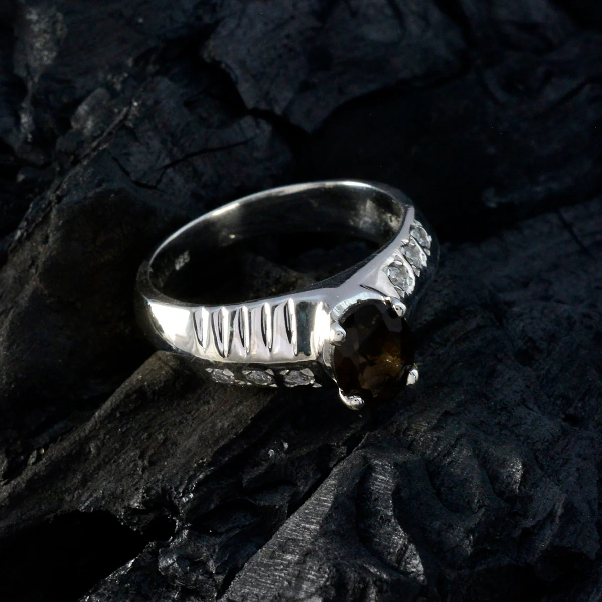 Smoky Quartz Halo German Silver Brown Gems Mid-weight Romantic Ring Jewelry - Image 4