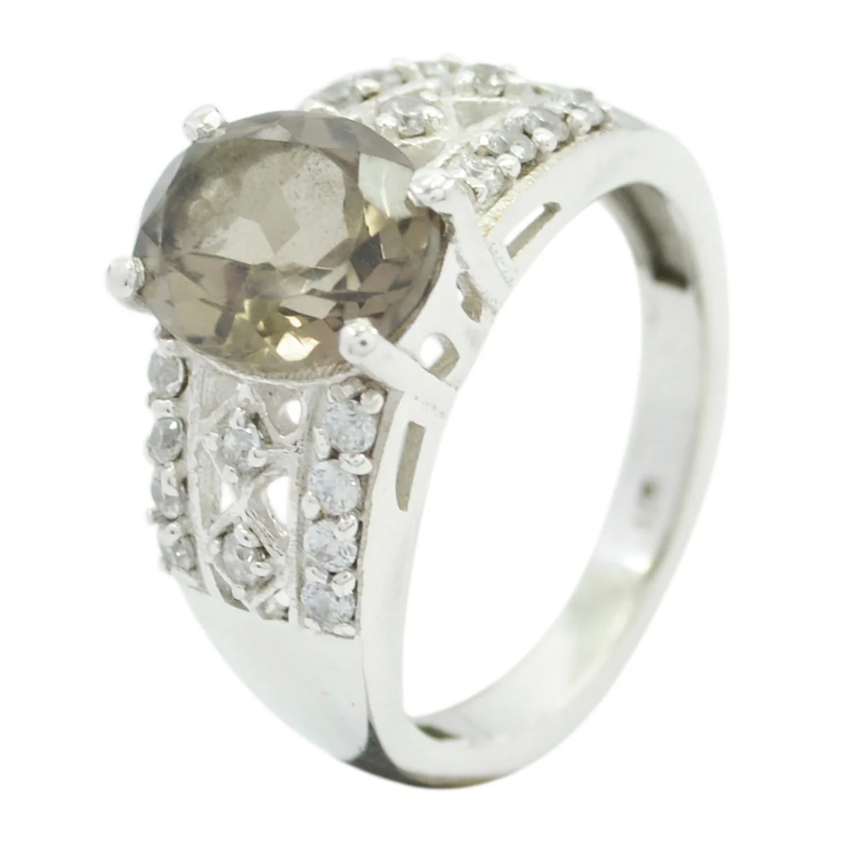 smoky quartz Halo German Sterling Silver Brown Gemstone Minimal Trendy Ring Jewellery - Image 2