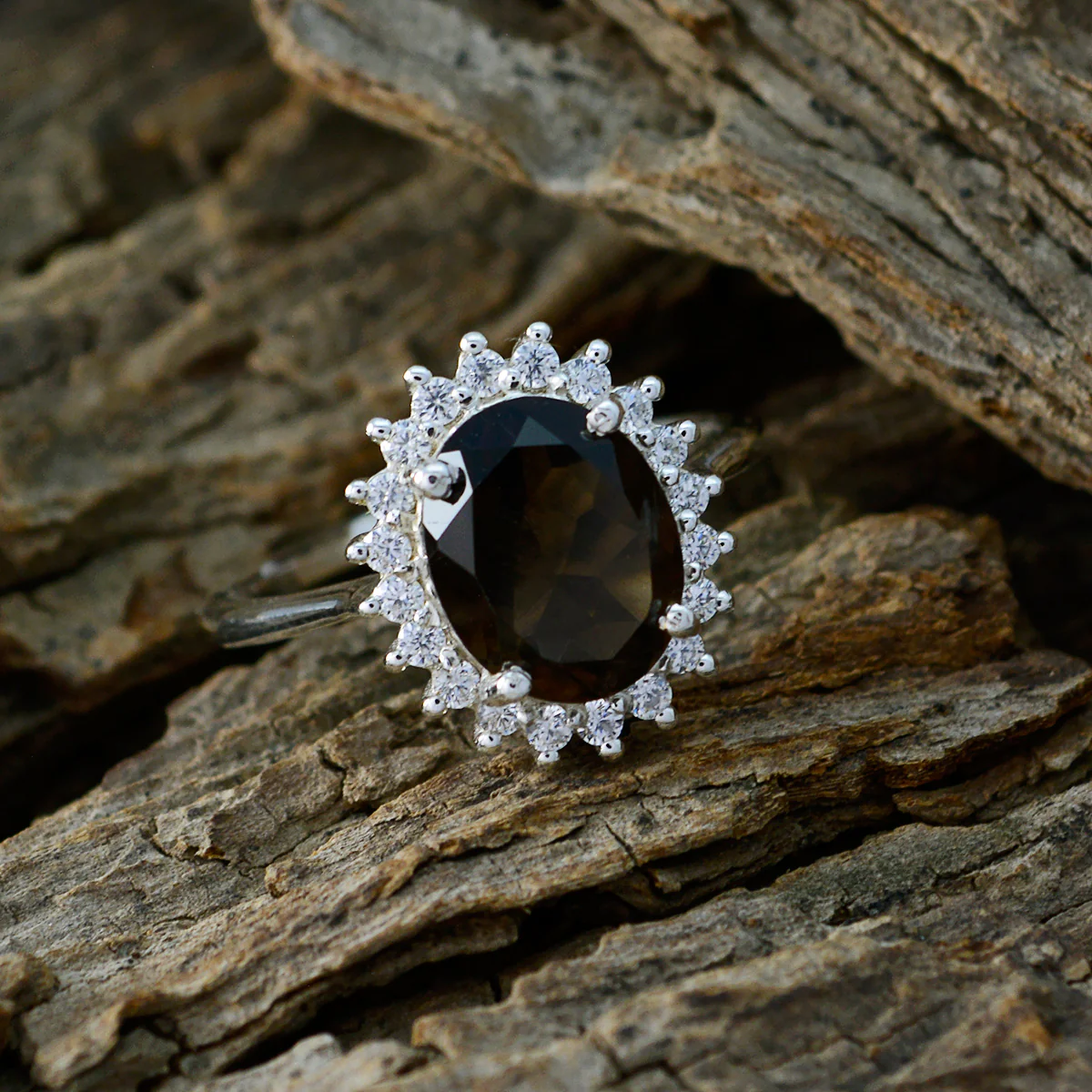 smoky quartz Halo Japanese 925 Sterling Silver Brown Gems Whisper-thin Graceful Ring Jewelry - Image 3