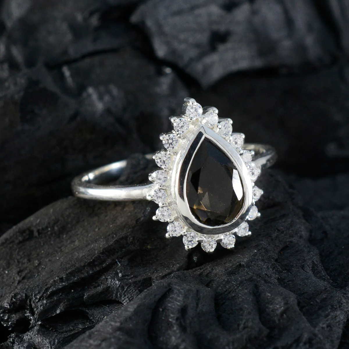 Smoky Quartz Halo Korean 92.5 Silver Brown Gems Dainty Graceful Ring Jewelry - Image 4
