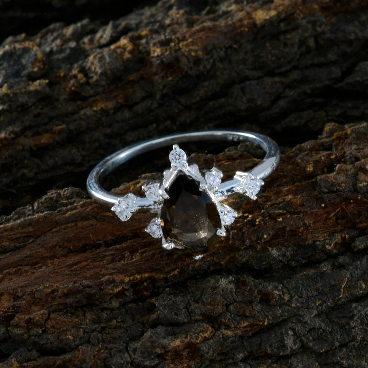 Smoky Quartz Halo Korean Silver Brown Gems Delicate Contemporary Ring Jewelry - Image 3