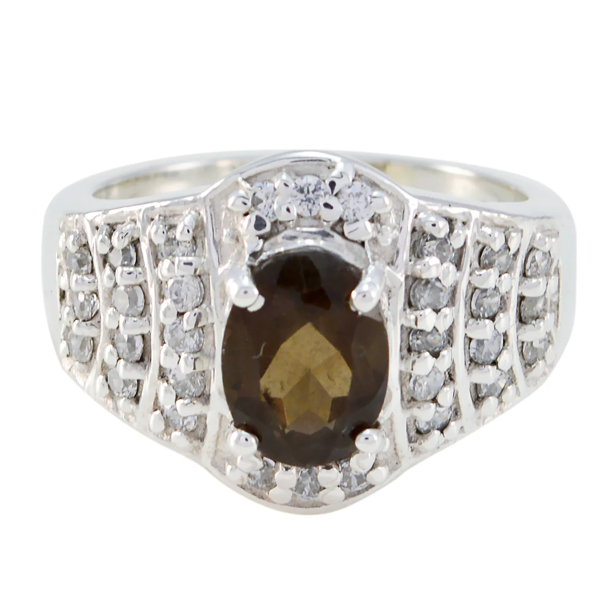 smoky quartz Halo Russian 92.5 Silver Brown Gemstones Mid-weight Graceful Ring Jewelry