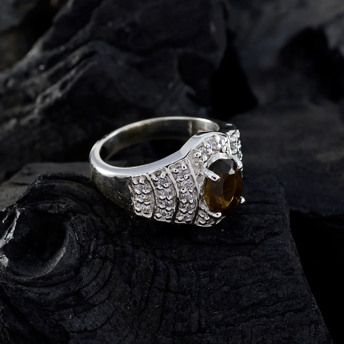 smoky quartz Halo Russian 92.5 Silver Brown Gemstones Mid-weight Graceful Ring Jewelry - Image 5