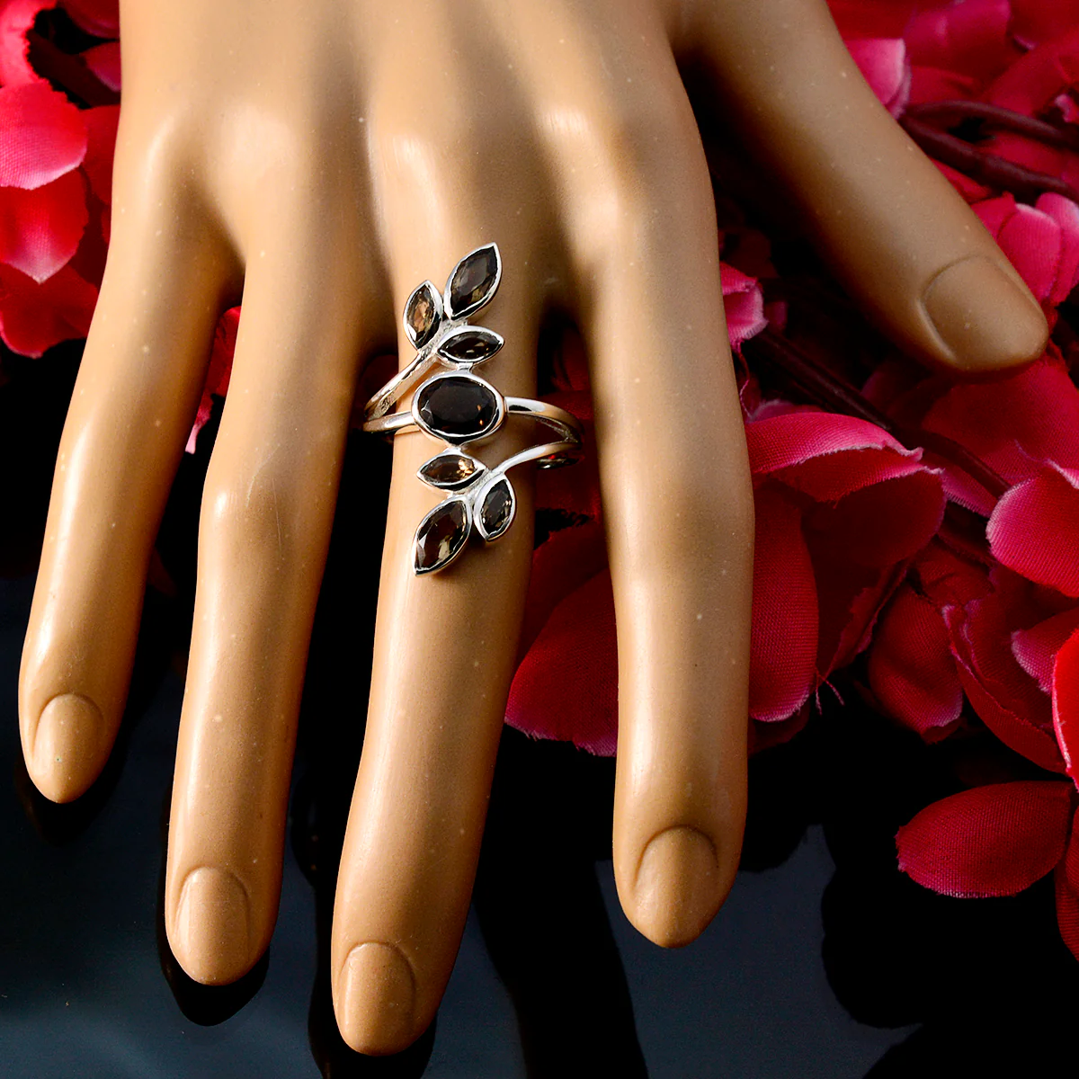 smoky quartz Hepta French 92.5 Silver Brown Gemstone Classic Leafy Ring Jewellery - Image 5
