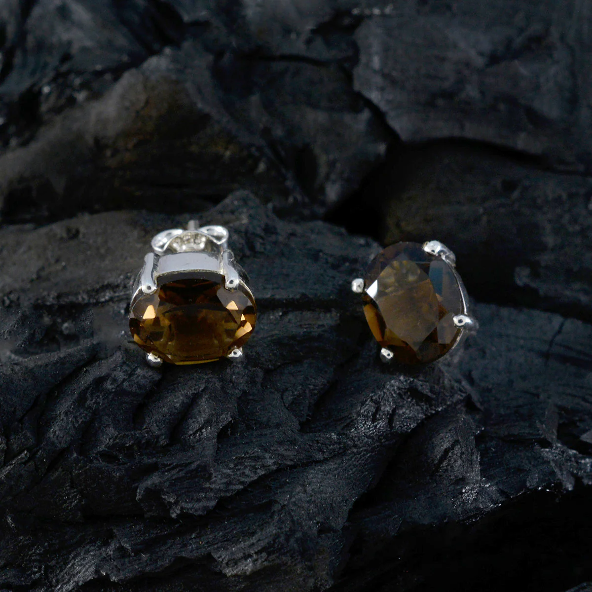 Smoky Quartz Mexican Lucia Solitaire Stud Brown 925 Sterling Silver Earring - Image 4