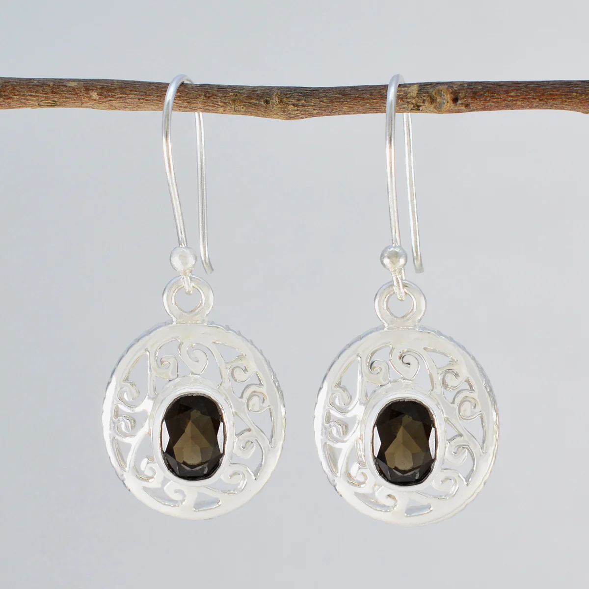 Smoky Quartz Middle Eastern Ying Solitaire Dangle Brown 92.5 Silver Earring - Image 2