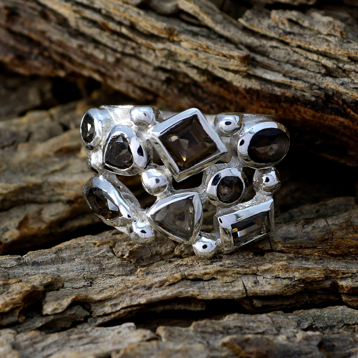 smoky quartz multiple German 925 Silver Brown Gemstone Eye-catching Abstract Ring Jewelry - Image 4