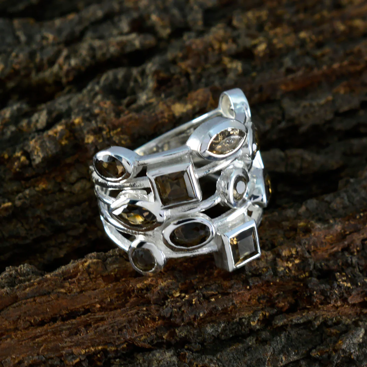 Smoky Quartz multiple Russian Silver Brown Gemstone Eye-catching Abstract Ring Jewelry - Image 3