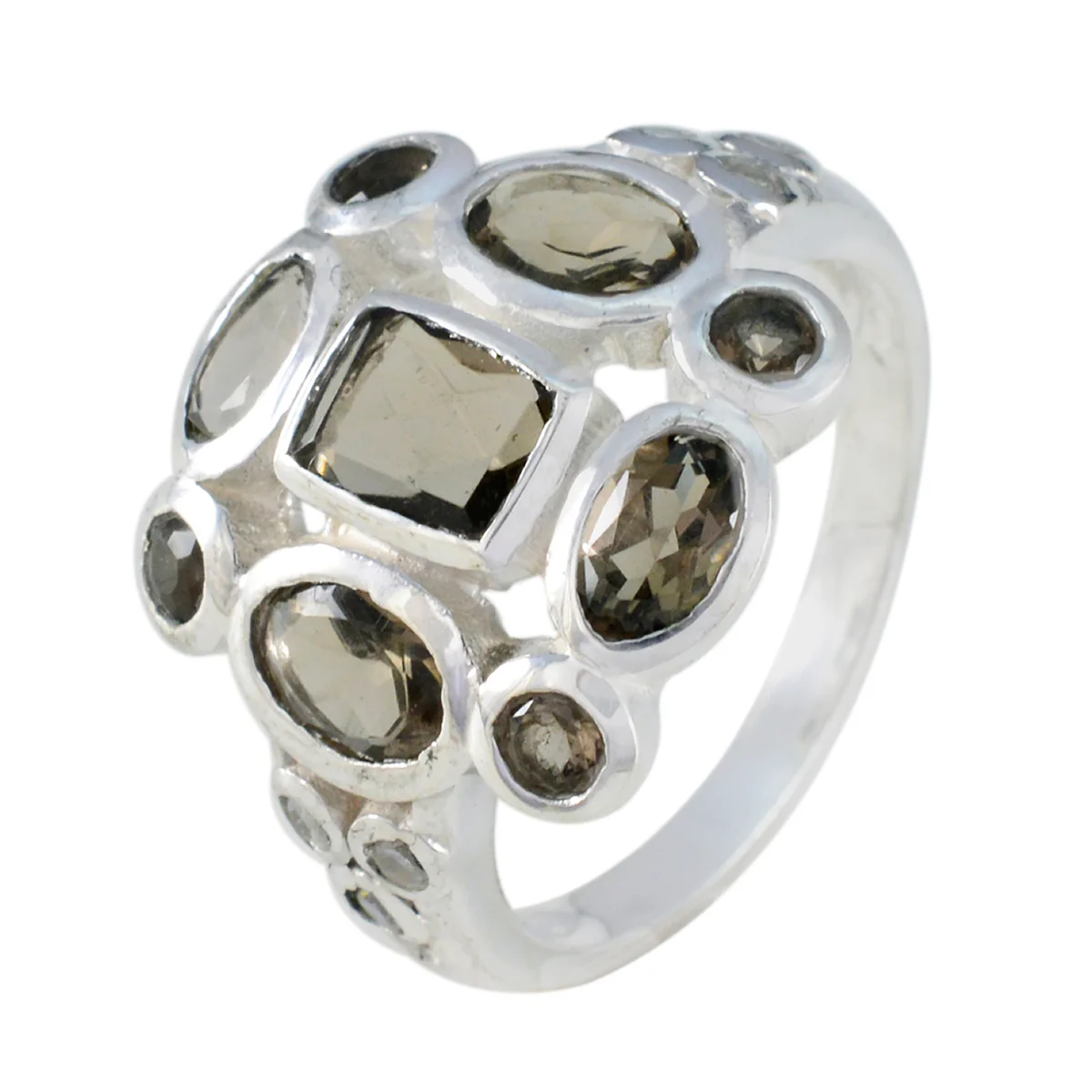 Smoky Quartz Navratna Russian 92.5 Silver Brown Gemstone Classic Signet Ring Jewelry - Image 2