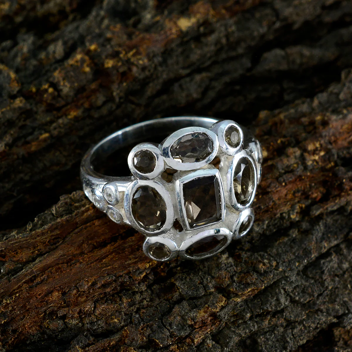 Smoky Quartz Navratna Russian 92.5 Silver Brown Gemstone Classic Signet Ring Jewelry - Image 3