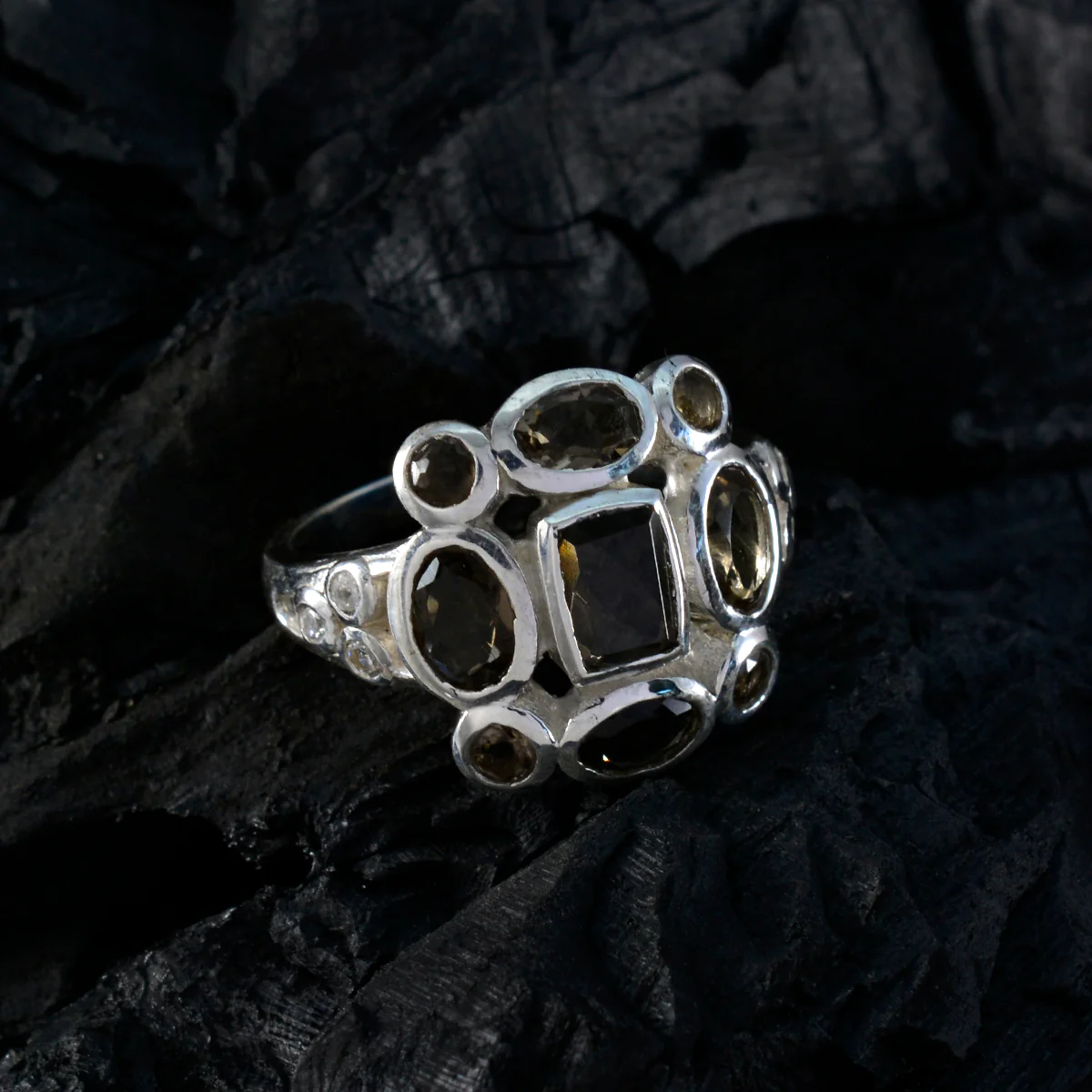 Smoky Quartz Navratna Russian 92.5 Silver Brown Gemstone Classic Signet Ring Jewelry - Image 4