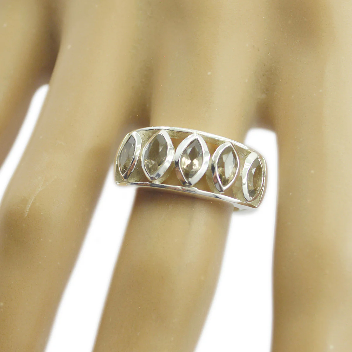 smoky quartz Penta Egyptian Sterling Silver Brown Gemstone Slim Abstract Ring Jewellery - Image 2