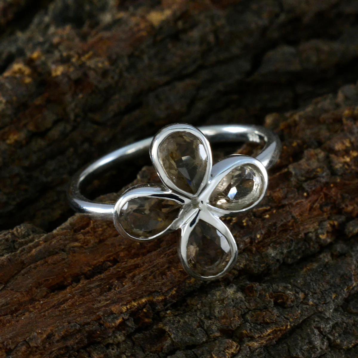 Smoky Quartz quarter Korean Silver Brown Gems Dainty Floral Ring Jewellery - Image 3