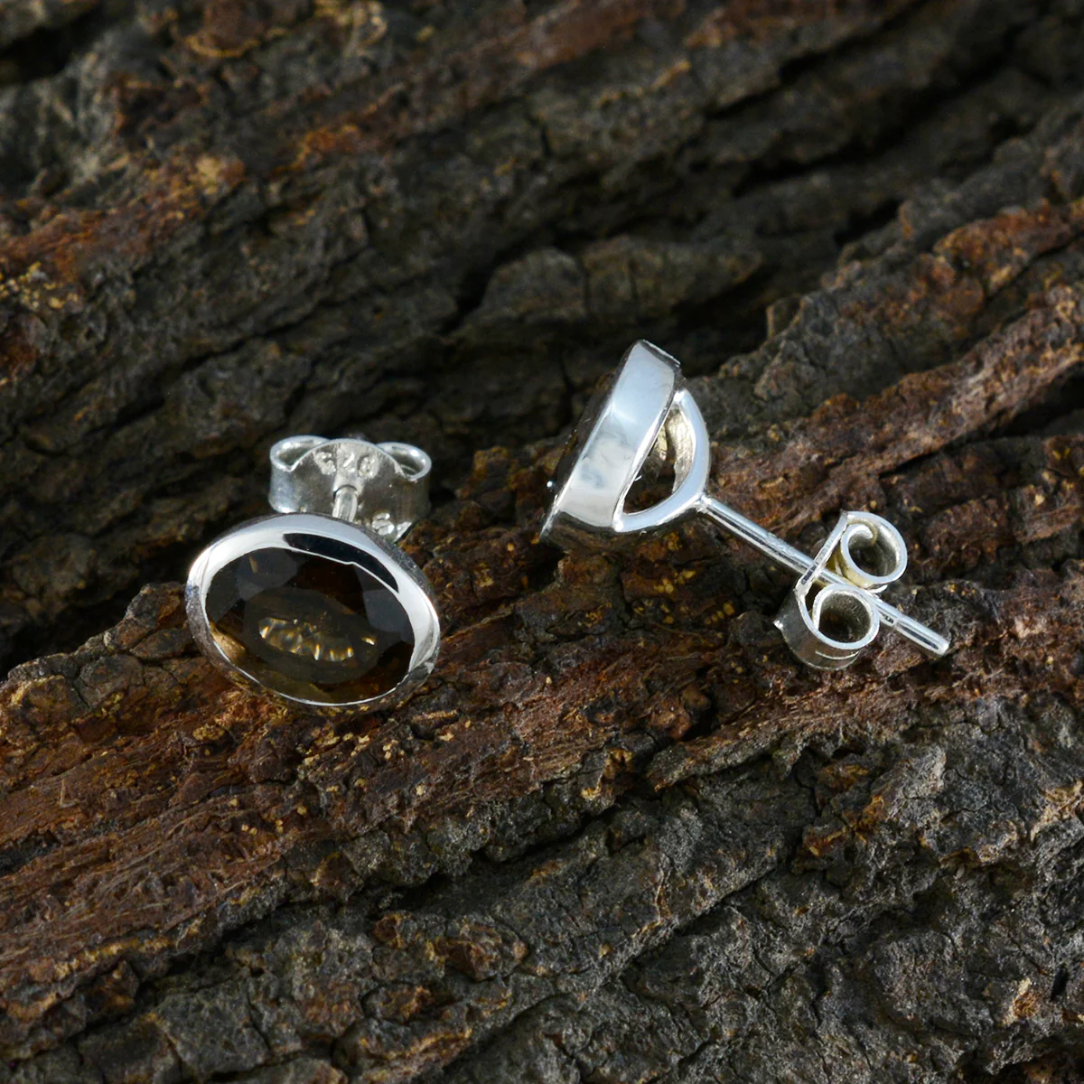 Smoky Quartz Russian Nari Solitaire Stud Brown Sterling Silver Earring - Image 3