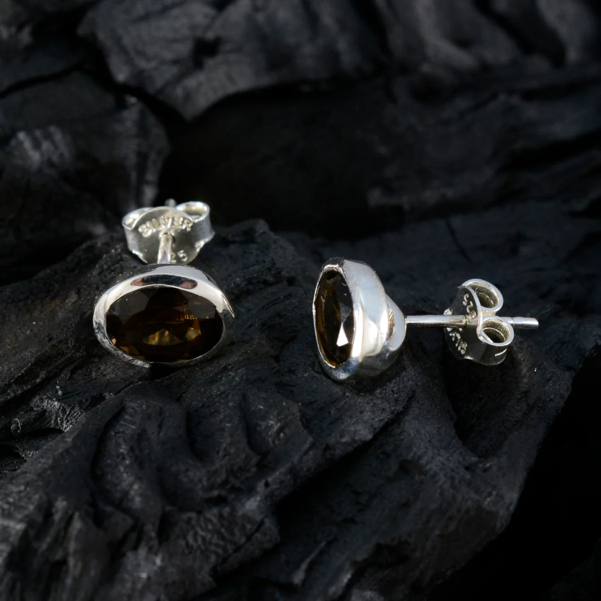 Smoky Quartz Russian Nari Solitaire Stud Brown Sterling Silver Earring - Image 4