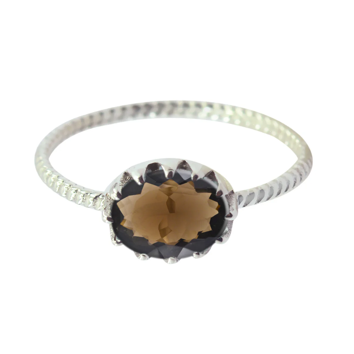 Smoky Quartz Solitaire American 92.5 Silver Brown Gems Elegant Twist Ring Jewelry